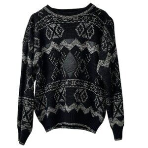 VTG Chartwell Black Gray Patterned Crewneck Sweater Genuine Leather Detail